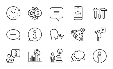 Technology icons set. Included icon as Spanner tool, Report timer, Info signs. Chat, Smartphone buying, Breathing exercise symbols. Agent, Loyalty points, Time change. Text message. Vector