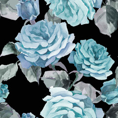Turquoise roses watercolor on black background seamless pattern for all prints.