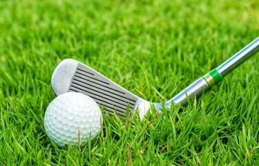 golf ball golf club on natural green grass