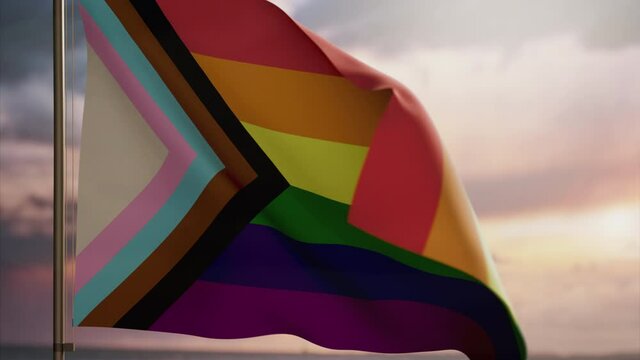 Progress pride flag waving slow motion animation. Sunset or sunrise, stormy clouds