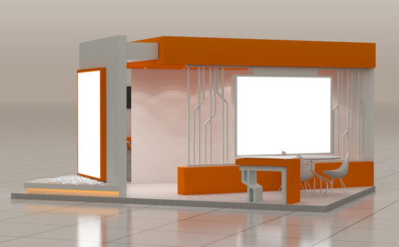 3D rendering of a blank modern booth for exhibition design on white background