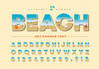 Summer beach alphabet and number set. Seashore landscape font or typography. Starfish and seashells flat design. Tropical summer typeface for poster, invitation, greeting card, postcard, travel, etc.