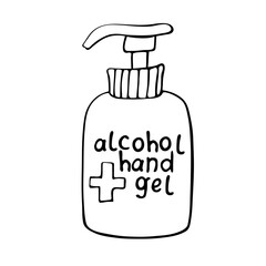 Template bottle gel hand sanitizer. Personal hygiene product. Antiseptic dispenser disinfects, protects coronavirus bacteria. Vector outline icon in flat doodle style isolated
