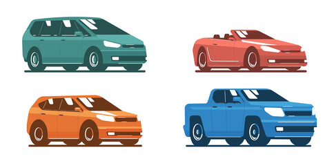 Set of cars. Includes minivan, CUV, pickup truck and cabriolet. Vector flat illustration.