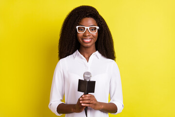 Photo of pretty adorable dark skin lady wear white shirt glasses having breaking news isolated...