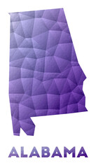 Map of Alabama. Low poly illustration of the us state. Purple geometric design. Polygonal vector illustration.