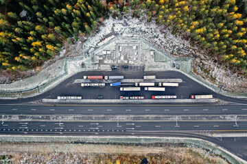 Top view of the truck parking, drone photography of the industrial logistic zone