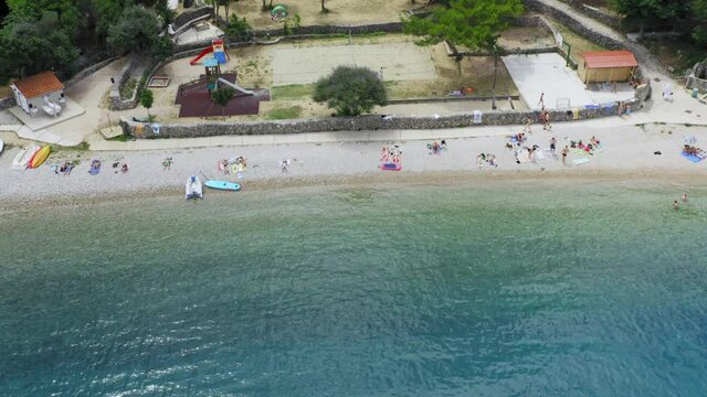 Aerial view of the beach in Valun, a town in Cres Island, the Adriatic Sea in Croatia