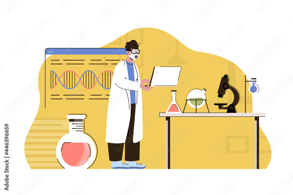 Aufkleber biological discoveries concept. scientist is engaged in research in laboratory situation. microbiolo