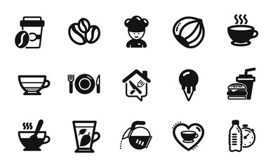 Vector set of Food, Coffee cup and Americano icons simple set. Mint leaves, Ice cream and Food delivery icons. Takeaway coffee, Fitness water and Hamburger signs. Food simple web symbol. Vector