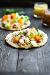 tacos vegetable doner kebab flatbread taco on the table healthy meal snack copy space food...