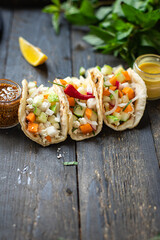 tacos vegetable doner kebab flatbread taco on the table healthy meal snack copy space food background rustic top view