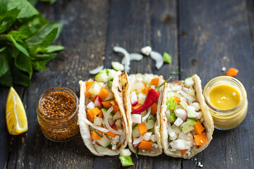 tacos vegetable doner kebab flatbread taco on the table healthy meal snack copy space food background rustic top view