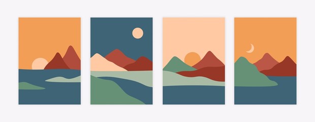 Abstract landscape backgrounds. Contemporary wall decor, boho mountains sun moon ocean posters. Vector art print