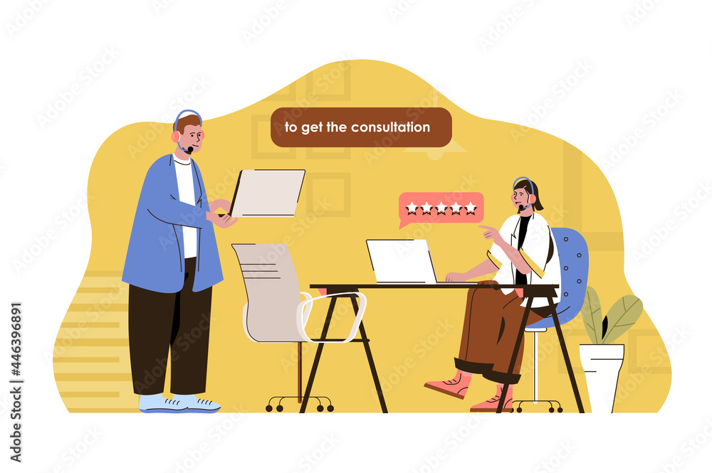 Poster call center concept. man and woman operators answering customer, assistance situation. technical sup