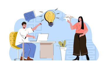 Business idea concept. Employees brainstorm and find creative solution to tasks situation. Office teamwork people scene. Vector illustration with flat character design for website and mobile site