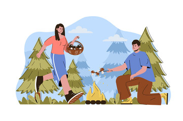 Fototapeta premium Caravan camping concept. Couple resting in forest, picking mushrooms and frying on campfire situation. Hiking people scene. Vector illustration with flat character design for website and mobile site