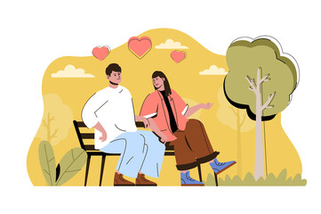 Caring for each other concept. Happy loving couple talks sitting on bench in park situation. Relationship people scene. Vector illustration with flat character design for website and mobile site