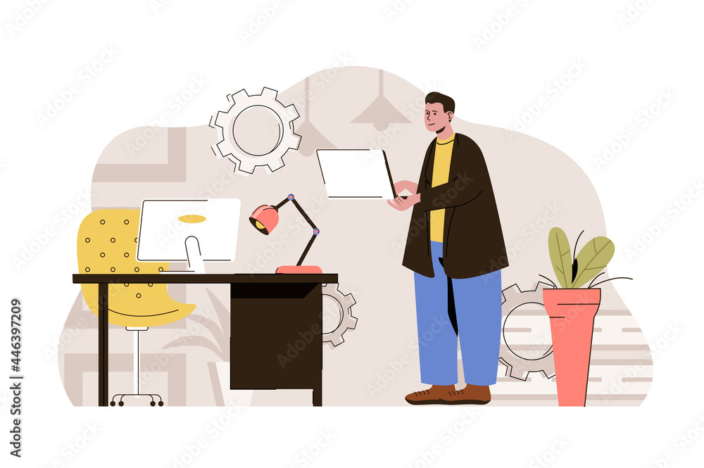 Poster Computer technologies concept. Developer works on laptop, creates software situation. Programmer in office people scene. Vector illustration with flat character design for website and mobile site