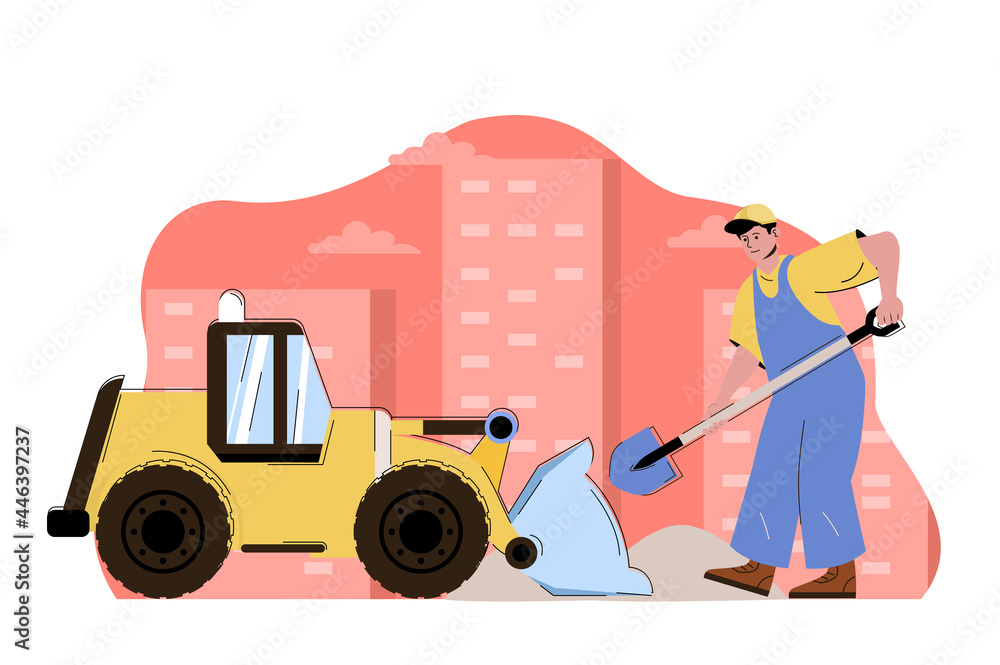 Poster Construction engineering concept. Builder with shovel working with bulldozer machinery situation. Building people scene. Vector illustration with flat character design for website and mobile site