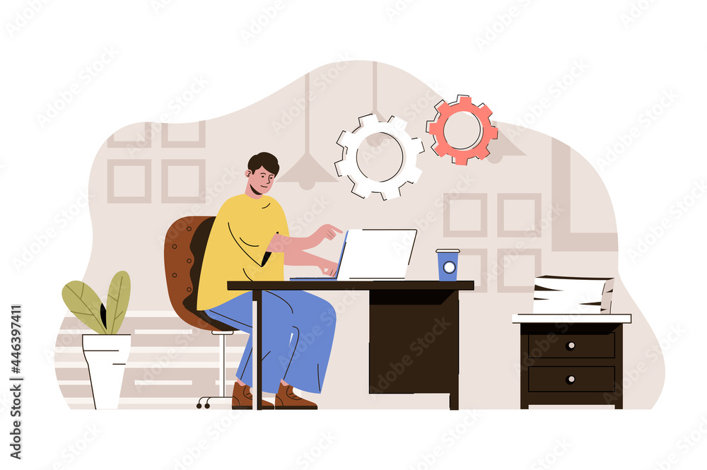 Poster coworking space concept. man working on laptop in comfortable open office situation. modern coworker