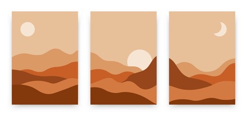 Abstract landscape posters set. Contemporary background, modern boho sun moon mountains minimalist wall decor. Vector art print