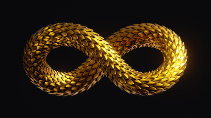 3d render, abstract twisted infinity symbol with shiny metallic dragon scales texture, golden snake, clip art isolated on black background