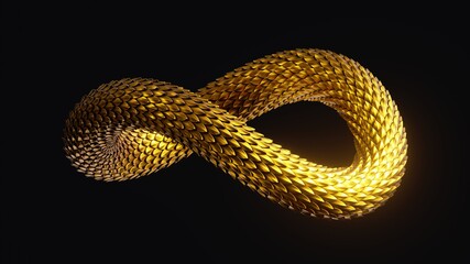 3d render, twisted loop infinity symbol with shiny golden snake scales texture, abstract clip art isolated on black background