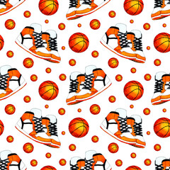 Watercolor illustration pattern of basketball ball and sneakers. Seamless repeating sports print suitable for wallpapers, covers, wraps, packaging, fabric designs. Isolated over white background. 