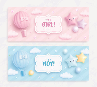 Set of baby shower invitation with cartoon hot air balloon, helium balloons and clouds on blue and pink background. It's a boy. It's a girl. Vector illustration