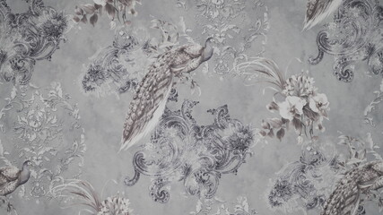 Grey peacock pattern on fabric