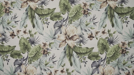 leaves background with white flower on fabric