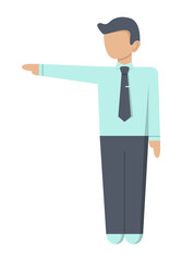A man in a blue shirt and tie shows the direction. Pointer. Flat vector illustration.