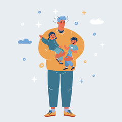 Vector illustration of tiered Father hold kids