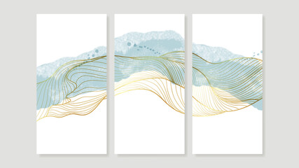Mountain Canvas Art Print.  Triptych wall art vector. China Poster, Watercolor Landscape, Floating Mountains with golden line art design for  Home Decor, Office Art and wallpaper.