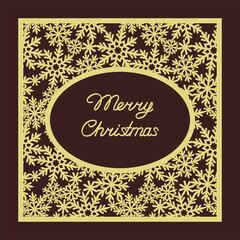 Obraz na płótnie Canvas Square greeting card - Merry Christmas. Dark wine background, gold panel with snowflakes, oval in the middle with congratulatory text. Party invitation, holiday flyer or cover. Vector.