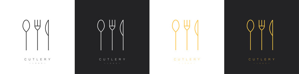 Set of cutlery logos in linear style. Spoon, fork and knife. Vector illustration