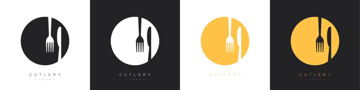 Cutlery logos set. Fork and knife on a plate. Vector illustration