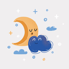 Vector illustration of blue clouds with yellow crescent moon