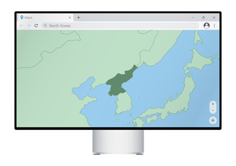 Computer monitor with map of North Korea in browser, search for the country of North Korea on the web mapping program.
