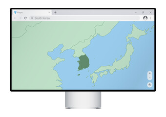 Computer monitor with map of South Korea in browser, search for the country of South Korea on the web mapping program.
