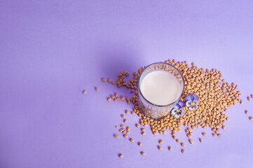 Tofu soy beans and soy milk dairy substitute vegan vegetarian minimalistic copy space negative space pastel purple bacground food style inspiration