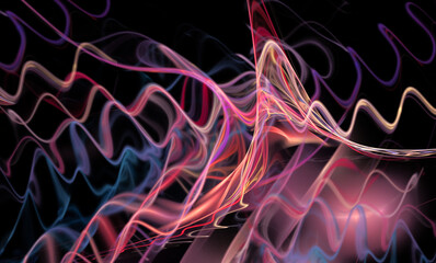 Blurry colorful sine waves spread over a black background. Abstract fractal background. 3d rendering. 3d illustration.