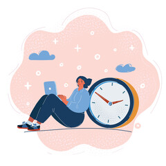 Vector illustration of Business woman working with big clock