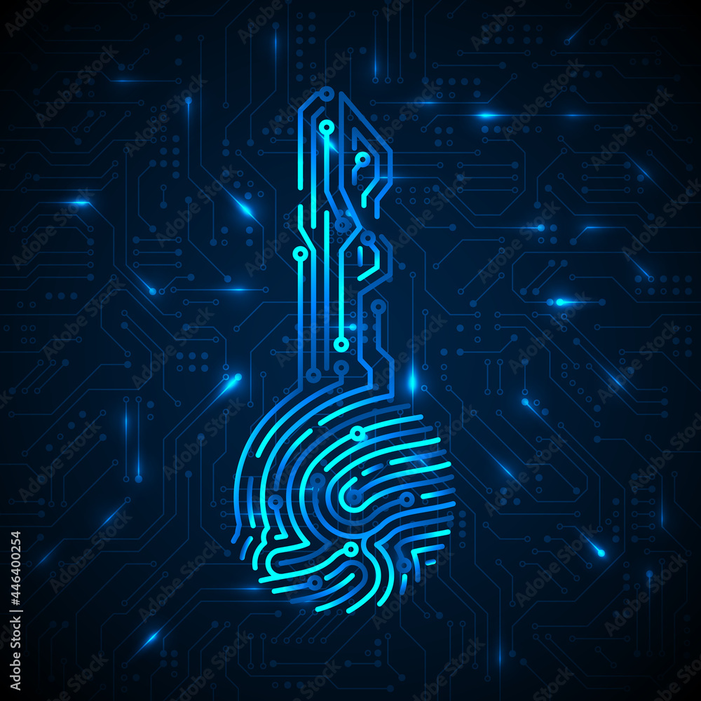 Poster cyber security concept. fingerprint in key shape with circuit background. security cryptocurrency te