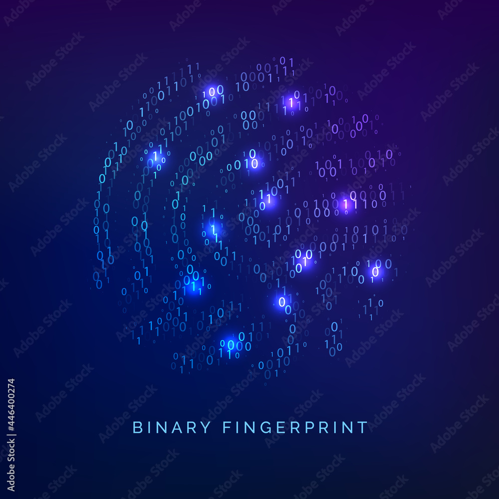 Poster Binary code fingerprint. Biometric id. Digital key for software identification. Fingerprint scanner in futuristic technology system. Vector