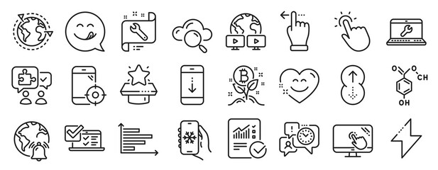Set of Technology icons, such as Seo phone, Energy, Online survey icons. Video conference, Smile chat, Winner podium signs. Swipe up, Touch screen, Puzzle. Scroll down, Time management. Vector