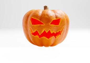Halloween pumpkin on a light background. Jack lantern. Pumpkin on the eve of All Saints Day. A pumpkin with a carved face. 3d image.