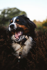 Dog wearing a leash and a collar in a beautiful environment