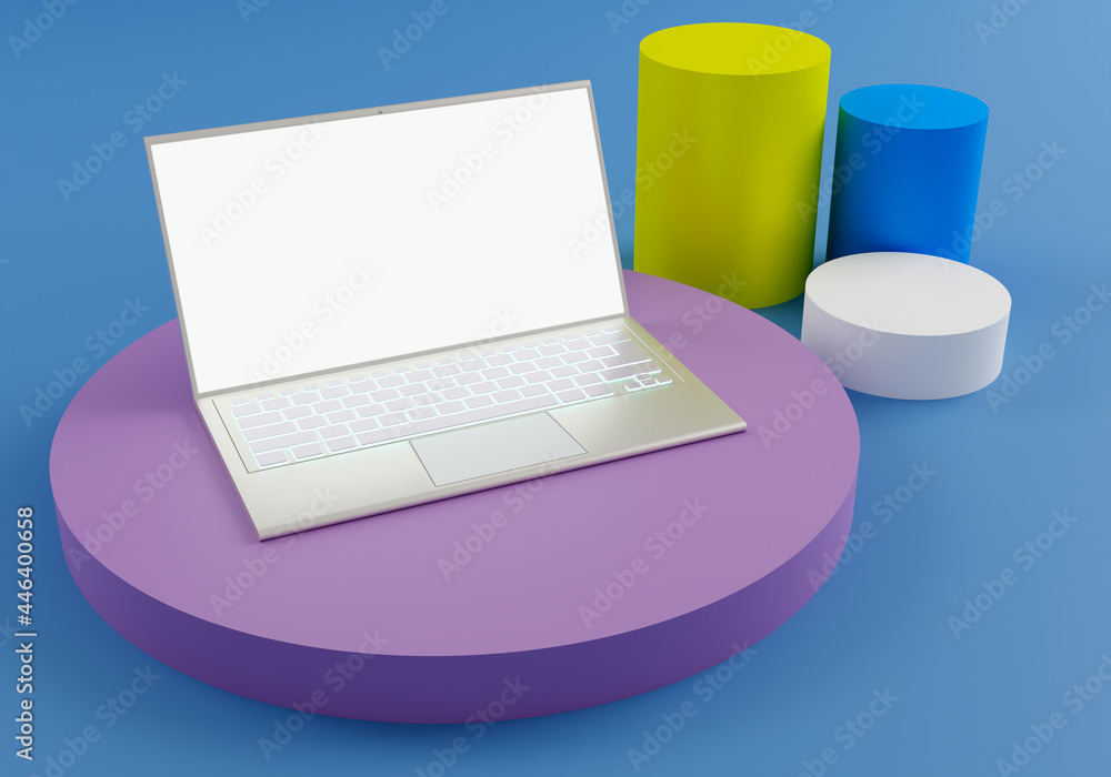 Poster laptop and geometric shapes. laptop on podium in cylinder shape. multicolored cylinders around the l